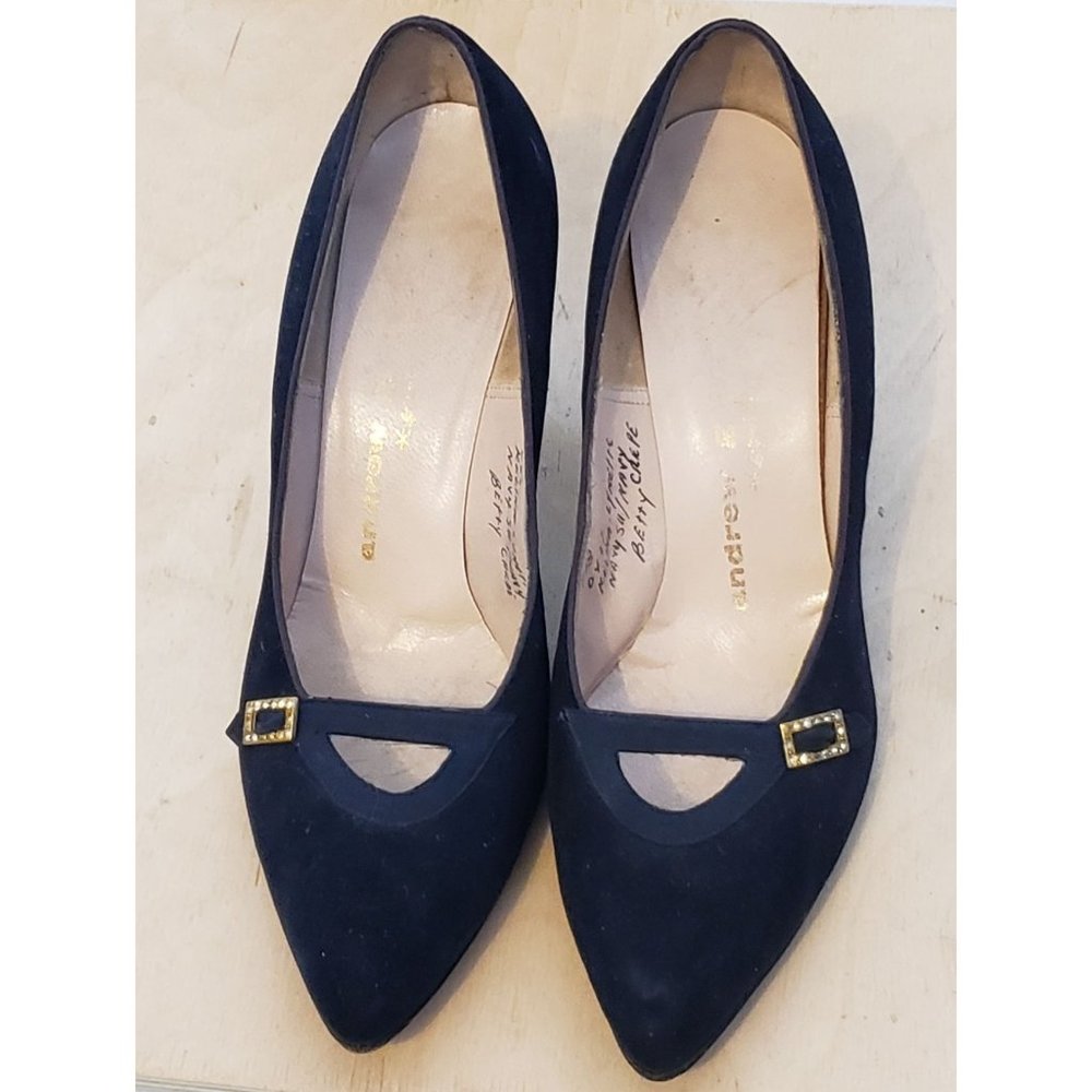 Vintage Pinup Velvet Heels Pumps Anderw Geller Rhinestone Faux Buckle Navy Blue